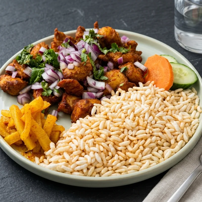 Chicken sekuwa with chiura, papad and a side salad