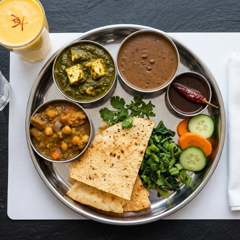 Indian thali — saag paneer, dal makhani, chana and a mango lassi