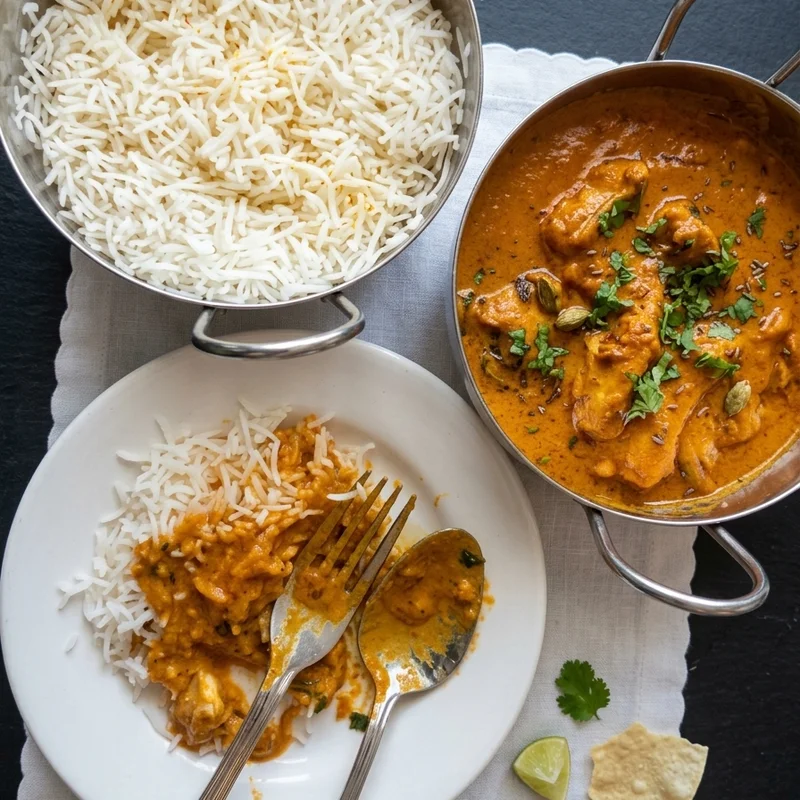 Curry in a copper pot beside a pot of basmati rice