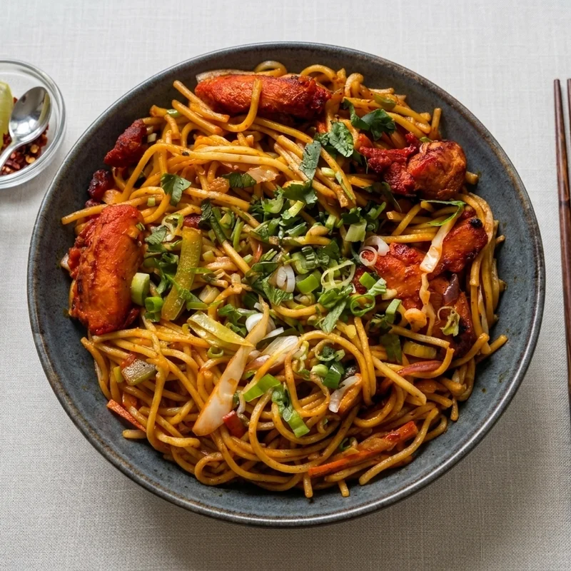 Chowmein with chicken, scallion and sesame