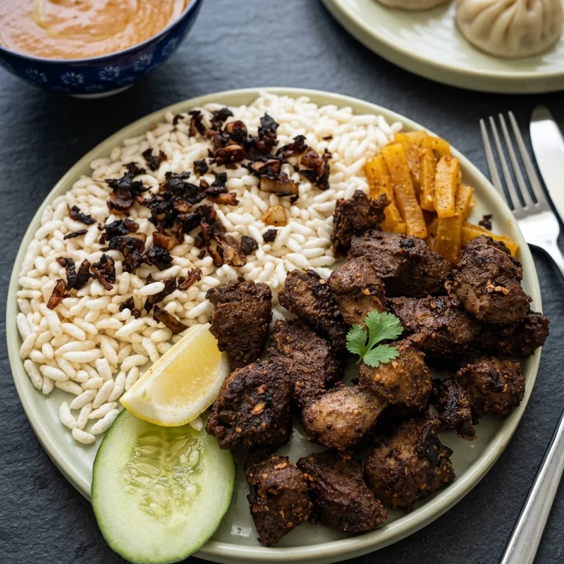 Nepali thali — puffed rice, crispy fried onions, spiced meat and potato fries