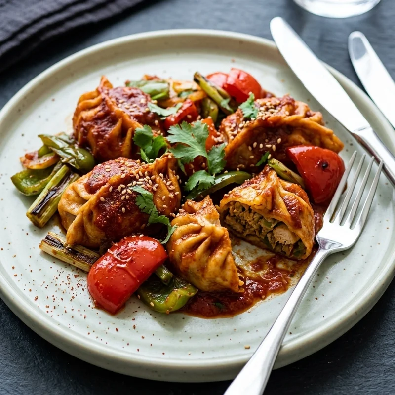 Momos in a spicy sauce with peppers and scallions