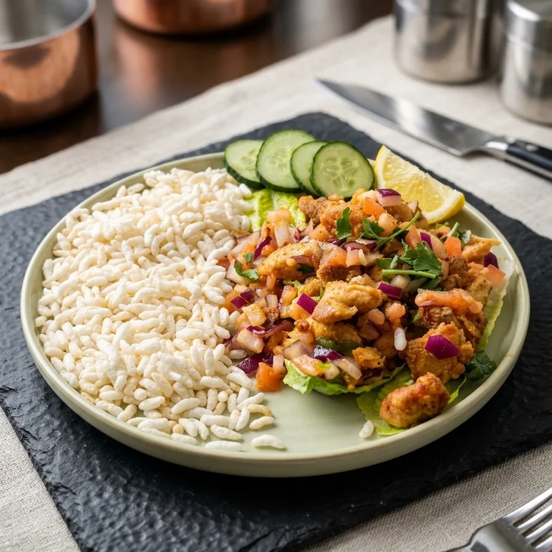 A curried chicken plate with salad