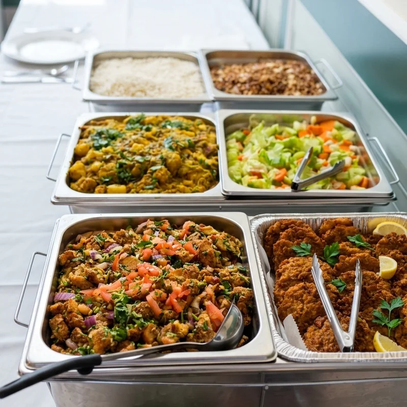 Catering trays on a warmer, filled for a party